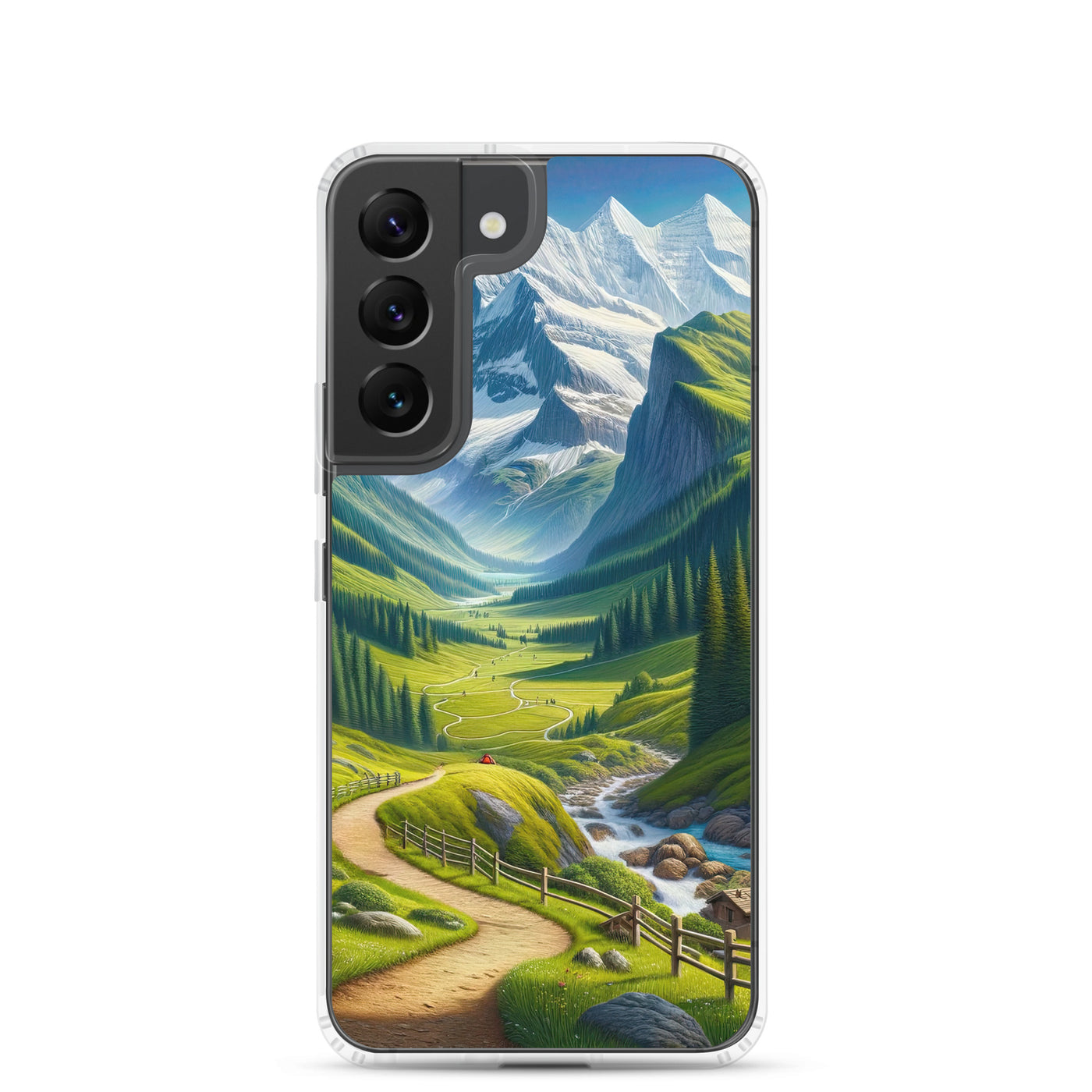 Wanderer in den Bergen und Wald: Digitale Malerei mit grünen kurvenreichen Pfaden - Samsung Schutzhülle (durchsichtig) wandern xxx yyy zzz Samsung Galaxy S22