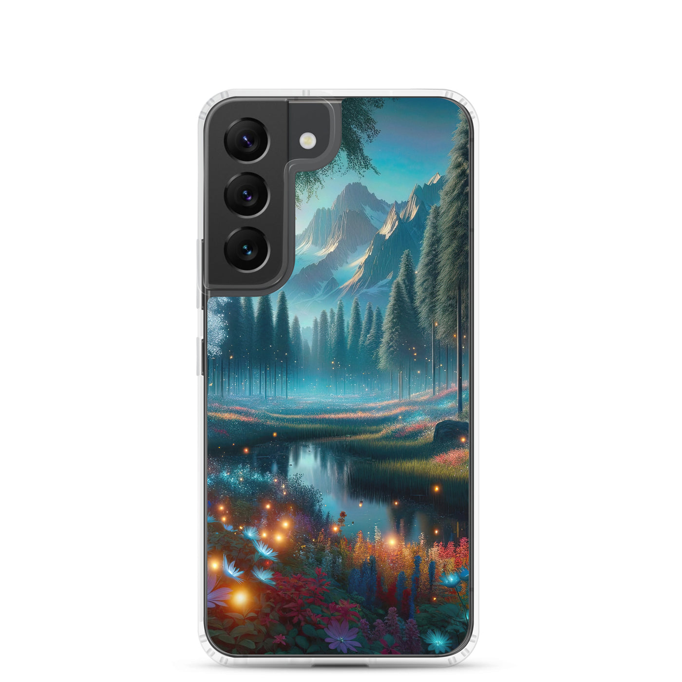 Ätherischer Alpenwald: Digitale Darstellung mit leuchtenden Bäumen und Blumen - Samsung Schutzhülle (durchsichtig) camping xxx yyy zzz Samsung Galaxy S22