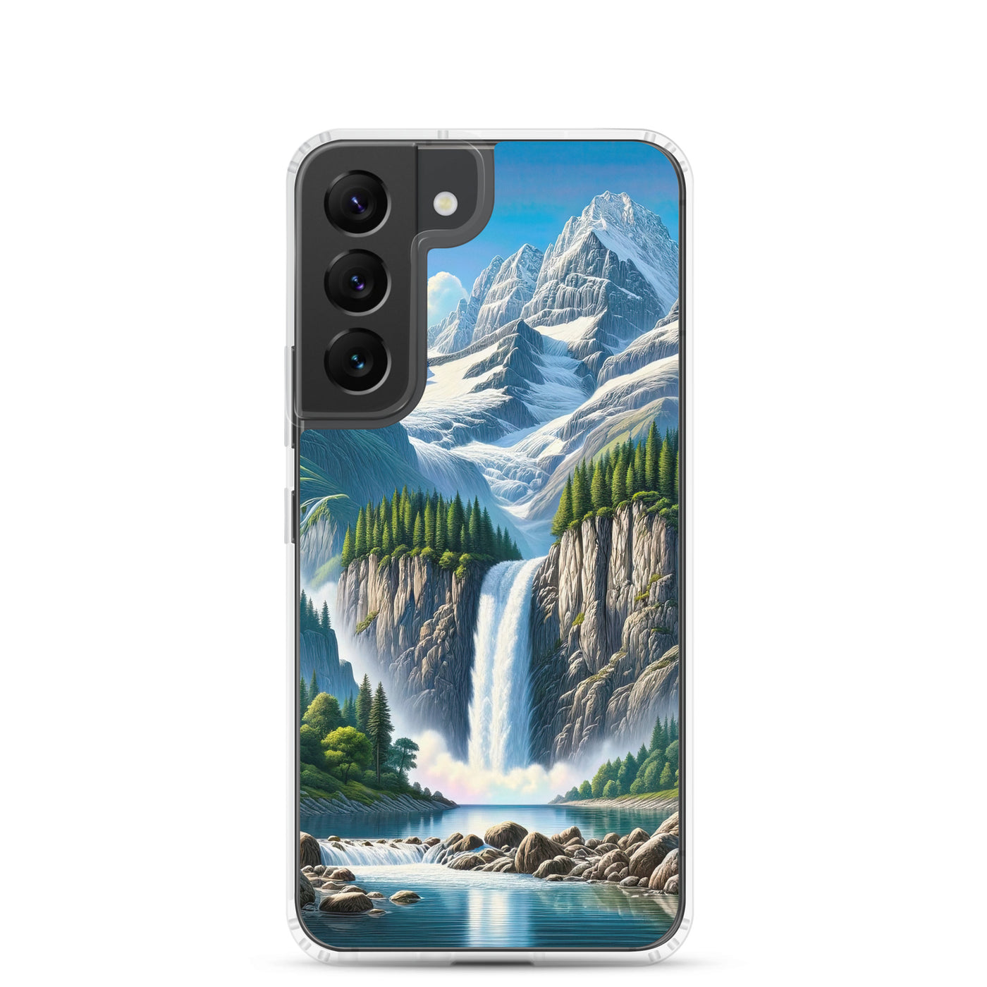 Illustration einer unberührten Alpenkulisse im Hochsommer. Wasserfall und See - Samsung Schutzhülle (durchsichtig) berge xxx yyy zzz Samsung Galaxy S22