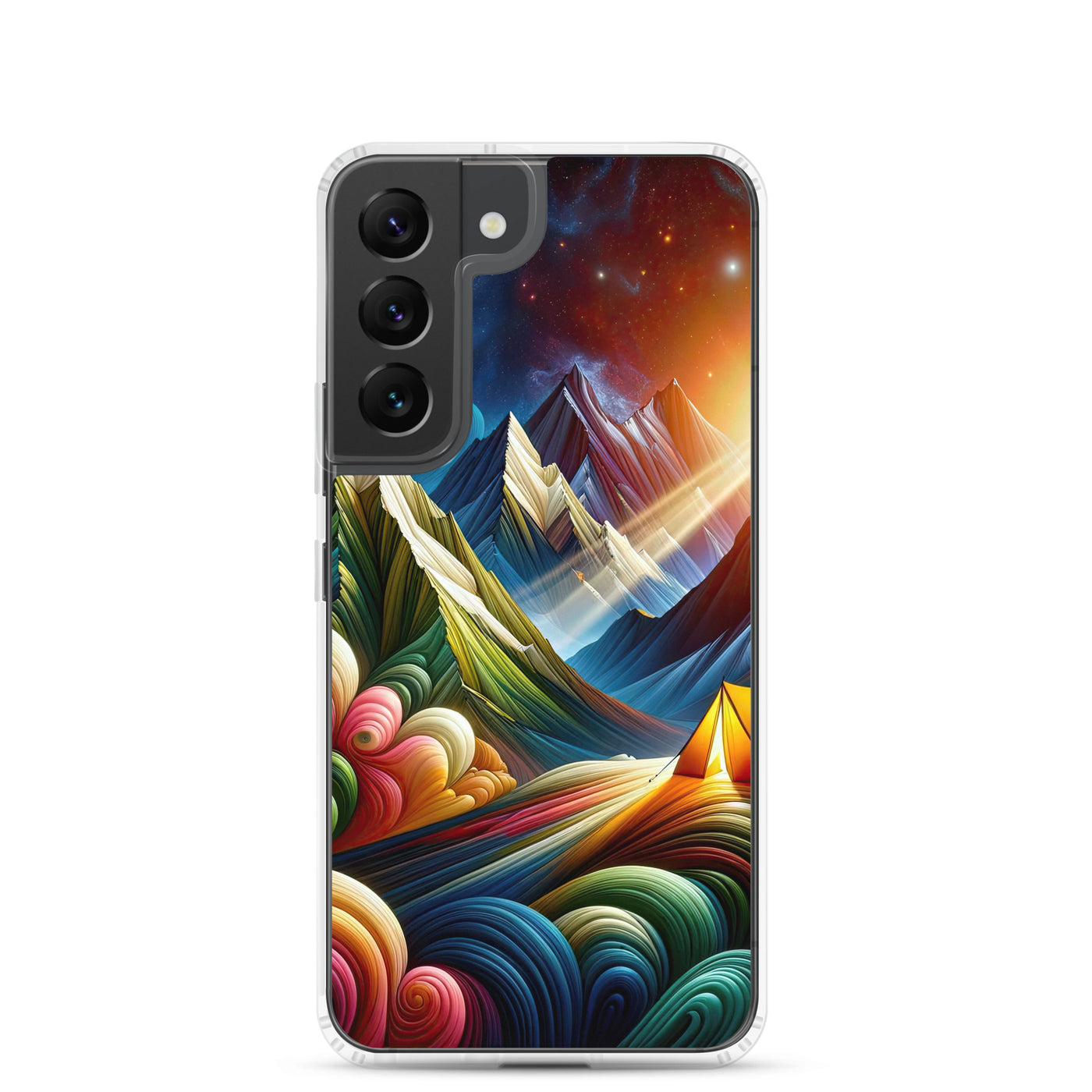 Abstrakte Bergwelt in lebendigen Farben mit Zelt - Samsung Schutzhülle (durchsichtig) camping xxx yyy zzz Samsung Galaxy S22
