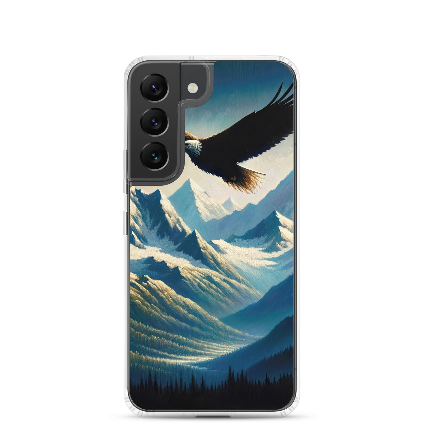 Ölgemälde eines Adlers vor schneebedeckten Bergsilhouetten - Samsung Schutzhülle (durchsichtig) berge xxx yyy zzz Samsung Galaxy S22