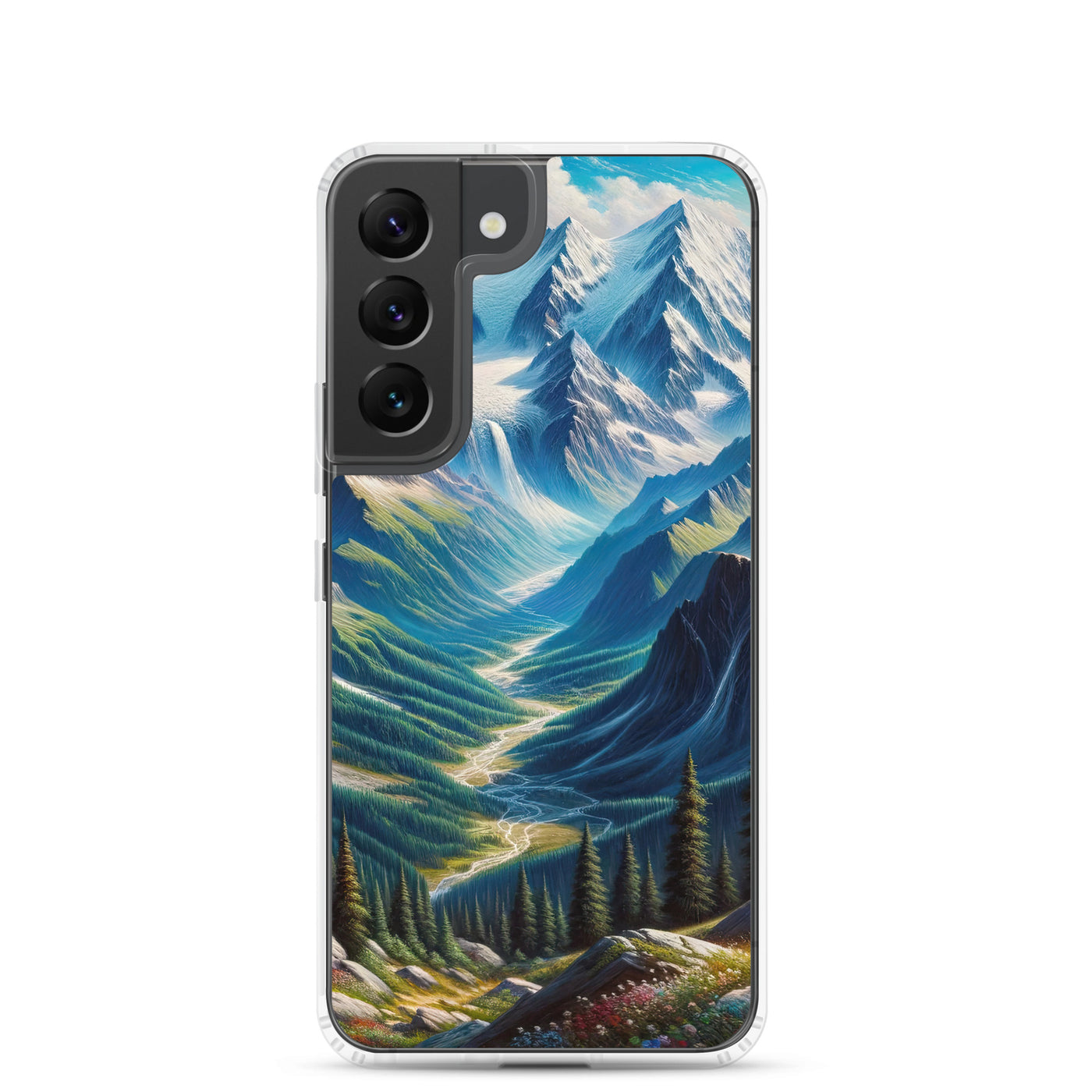 Panorama-Ölgemälde der Alpen mit schneebedeckten Gipfeln und schlängelnden Flusstälern - Samsung Schutzhülle (durchsichtig) berge xxx yyy zzz Samsung Galaxy S22