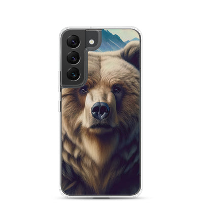 Foto eines Bären vor abstrakt gemalten Alpenbergen, Oberkörper im Fokus - Samsung Schutzhülle (durchsichtig) camping xxx yyy zzz Samsung Galaxy S22