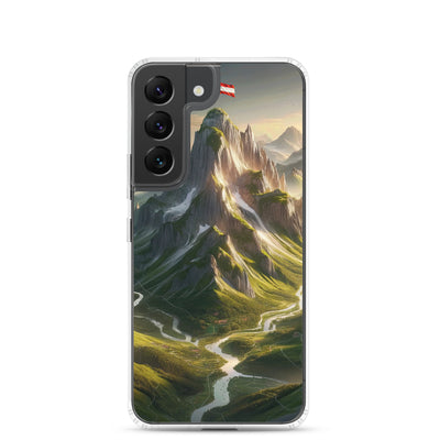 Fotorealistisches Bild der Alpen mit österreichischer Flagge, scharfen Gipfeln und grünen Tälern - Samsung Schutzhülle (durchsichtig) berge xxx yyy zzz Samsung Galaxy S22