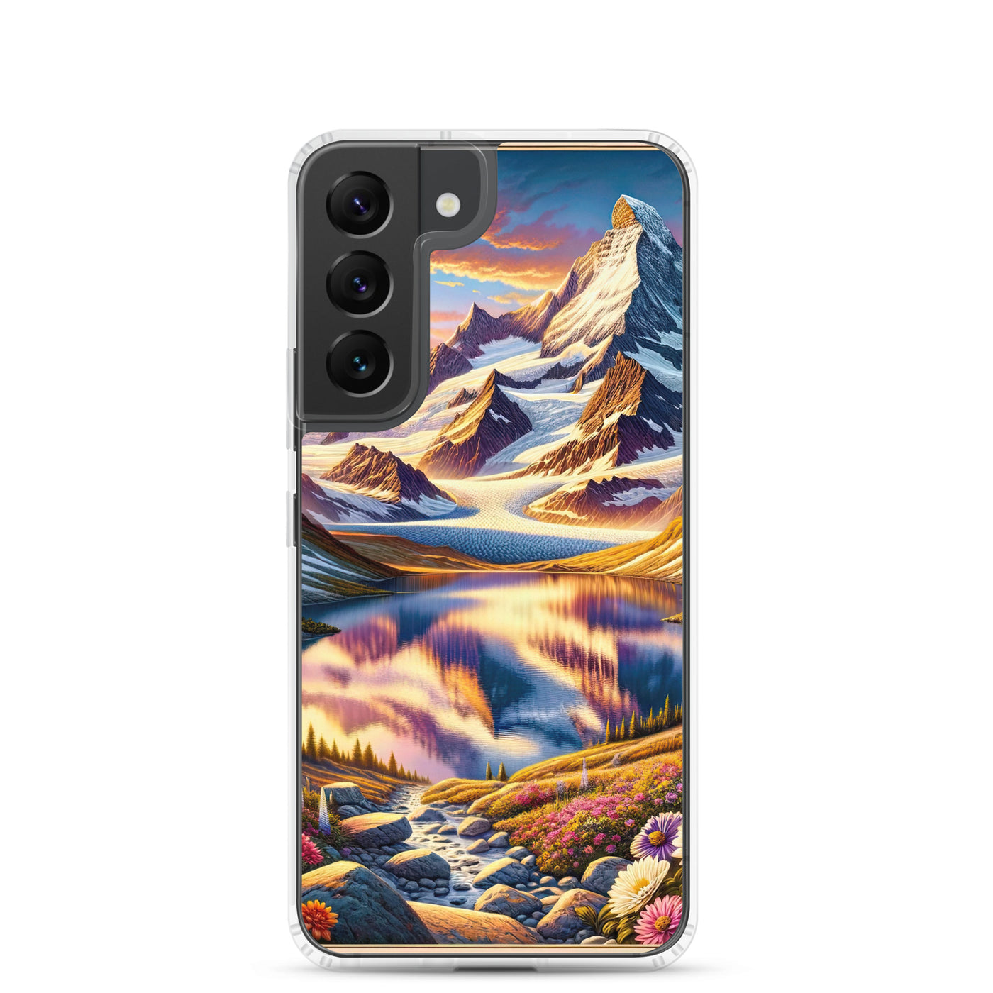 Quadratische Illustration der Alpen mit schneebedeckten Gipfeln und Wildblumen - Samsung Schutzhülle (durchsichtig) berge xxx yyy zzz Samsung Galaxy S22