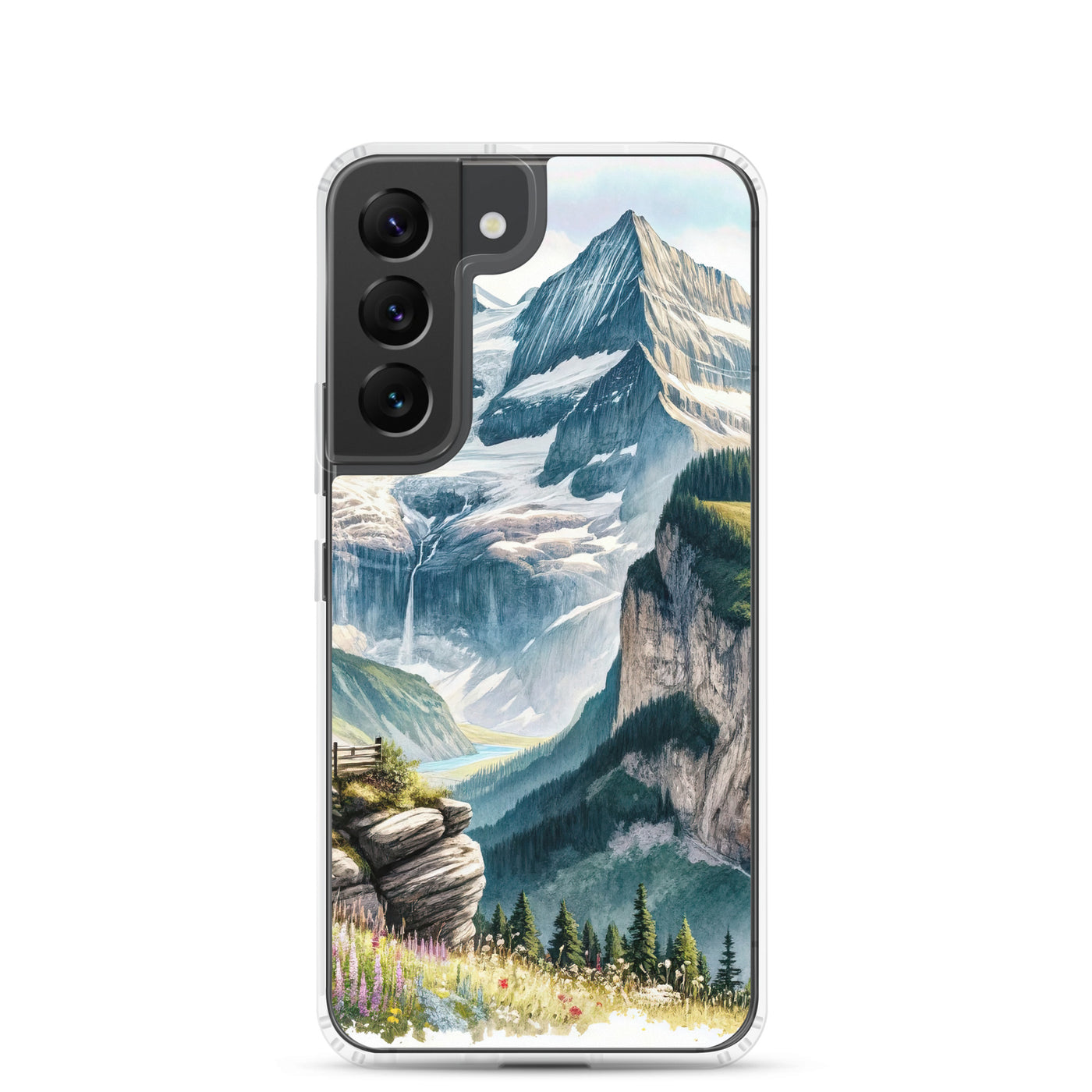 Aquarell-Panoramablick der Alpen mit schneebedeckten Gipfeln, Wasserfällen und Wanderern - Samsung Schutzhülle (durchsichtig) wandern xxx yyy zzz Samsung Galaxy S22