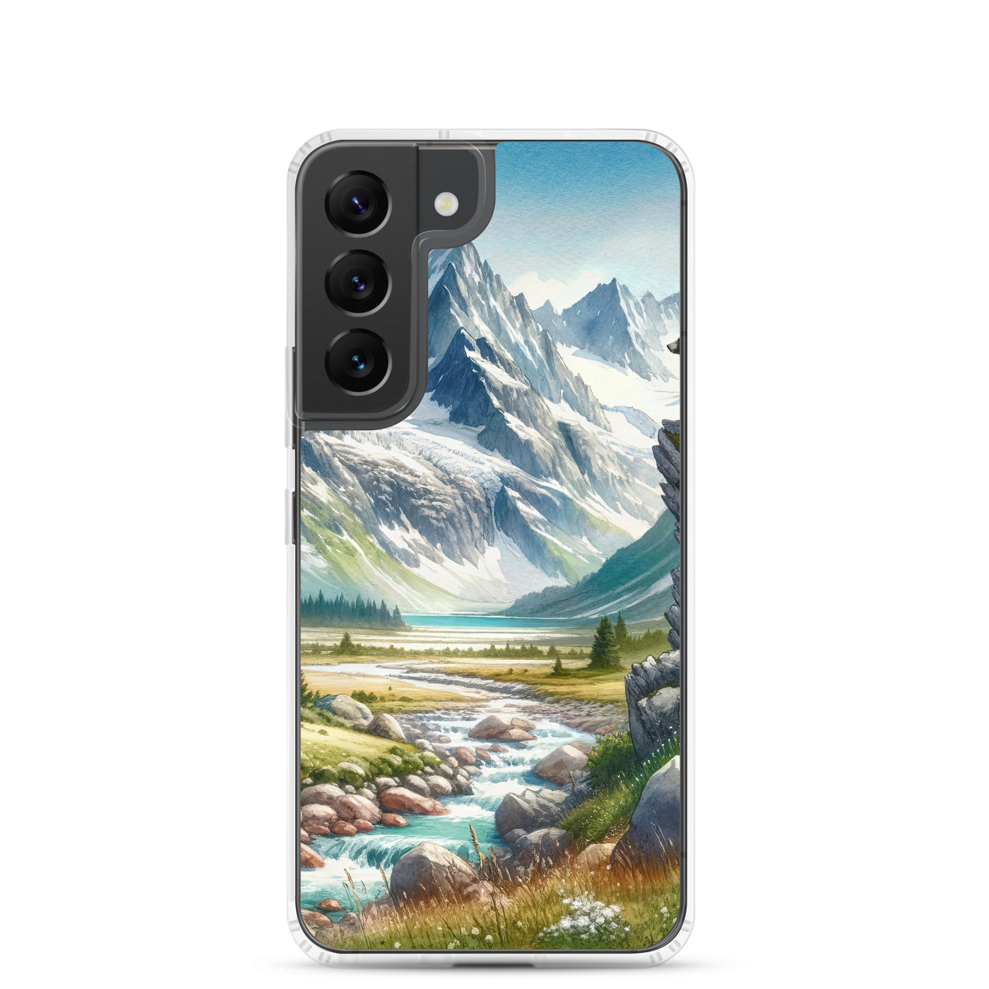 Aquarellmalerei eines Bären und der sommerlichen Alpenschönheit mit schneebedeckten Ketten - Samsung Schutzhülle (durchsichtig) camping xxx yyy zzz Samsung Galaxy S22