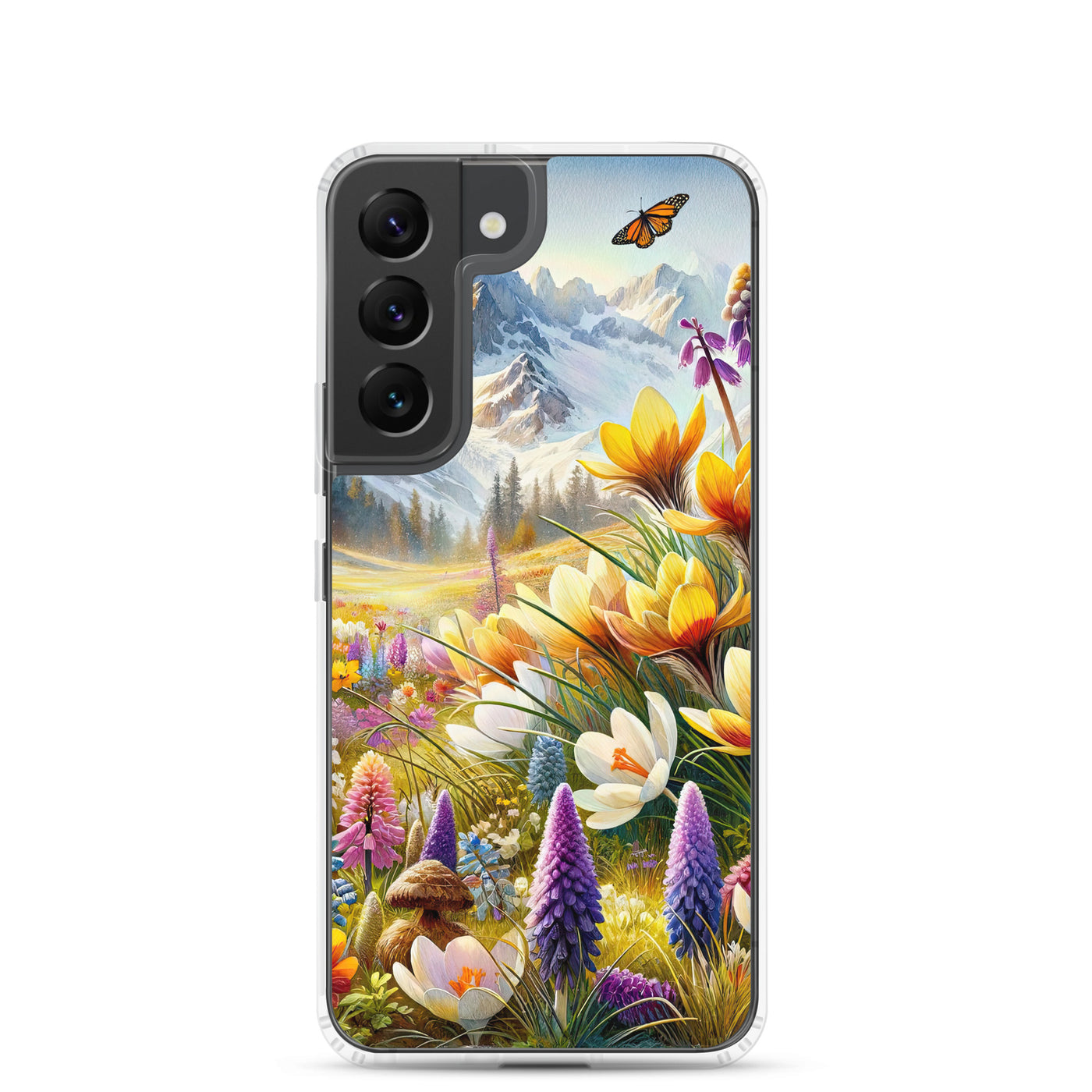 Aquarell einer ruhigen Almwiese, farbenfrohe Bergblumen in den Alpen - Samsung Schutzhülle (durchsichtig) berge xxx yyy zzz Samsung Galaxy S22
