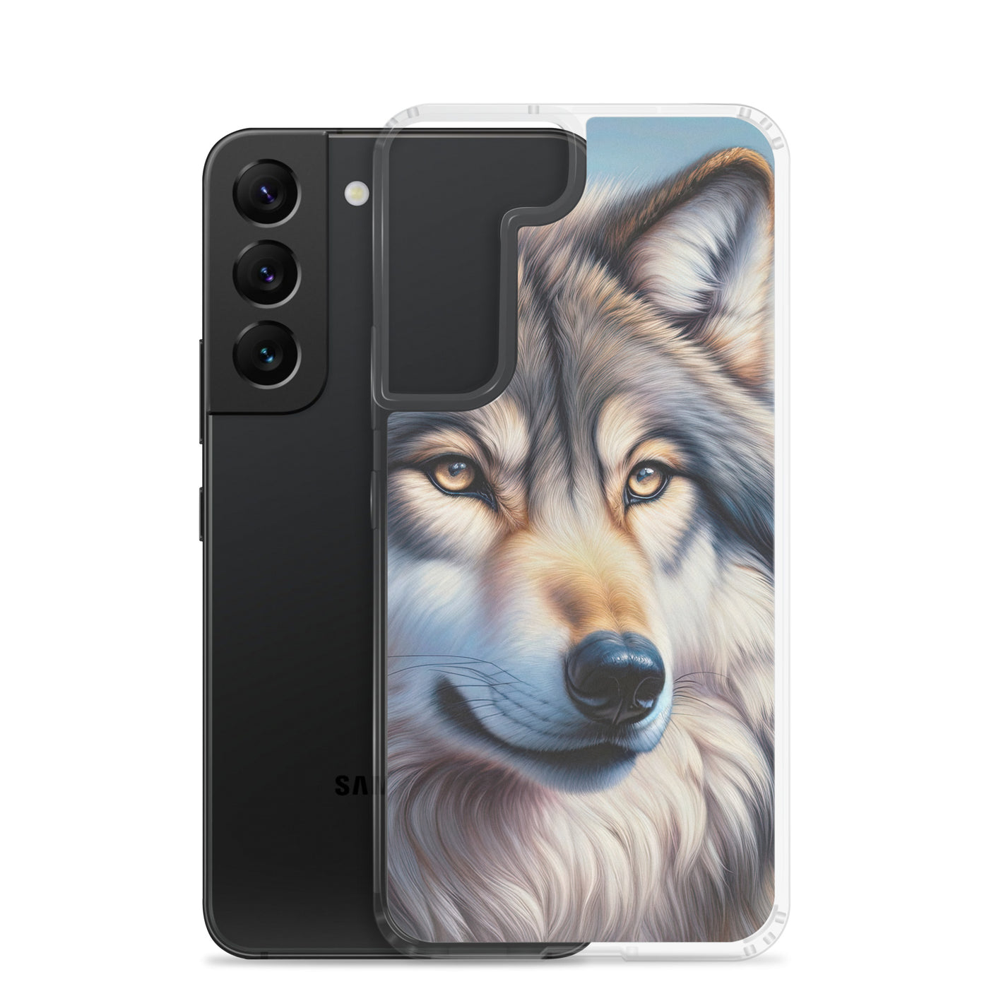 Ölgemäldeporträt eines majestätischen Wolfes mit intensiven Augen in der Berglandschaft (AN) - Samsung Schutzhülle (durchsichtig) xxx yyy zzz