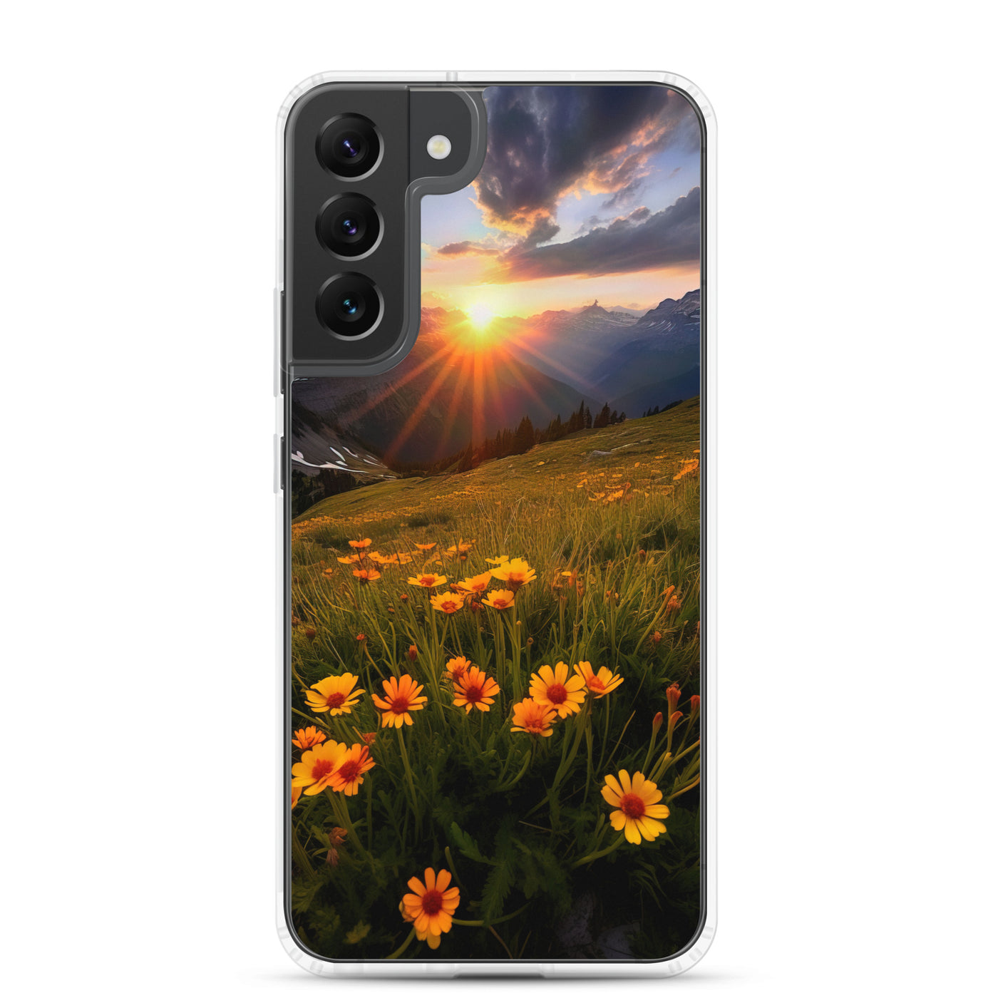 Gebirge, Sonnenblumen und Sonnenaufgang - Samsung Schutzhülle (durchsichtig) berge xxx Samsung Galaxy S22 Plus