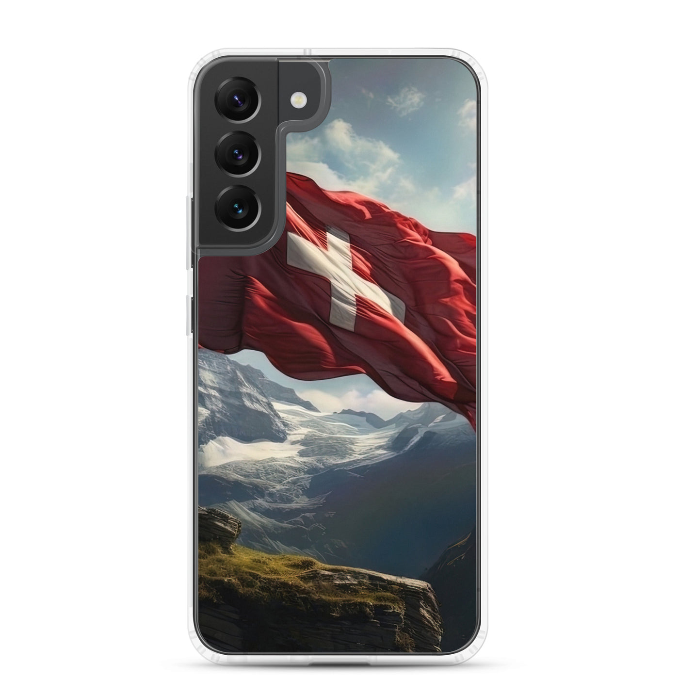 Schweizer Flagge und Berge im Hintergrund - Fotorealistische Malerei - Samsung Schutzhülle (durchsichtig) berge xxx Samsung Galaxy S22 Plus