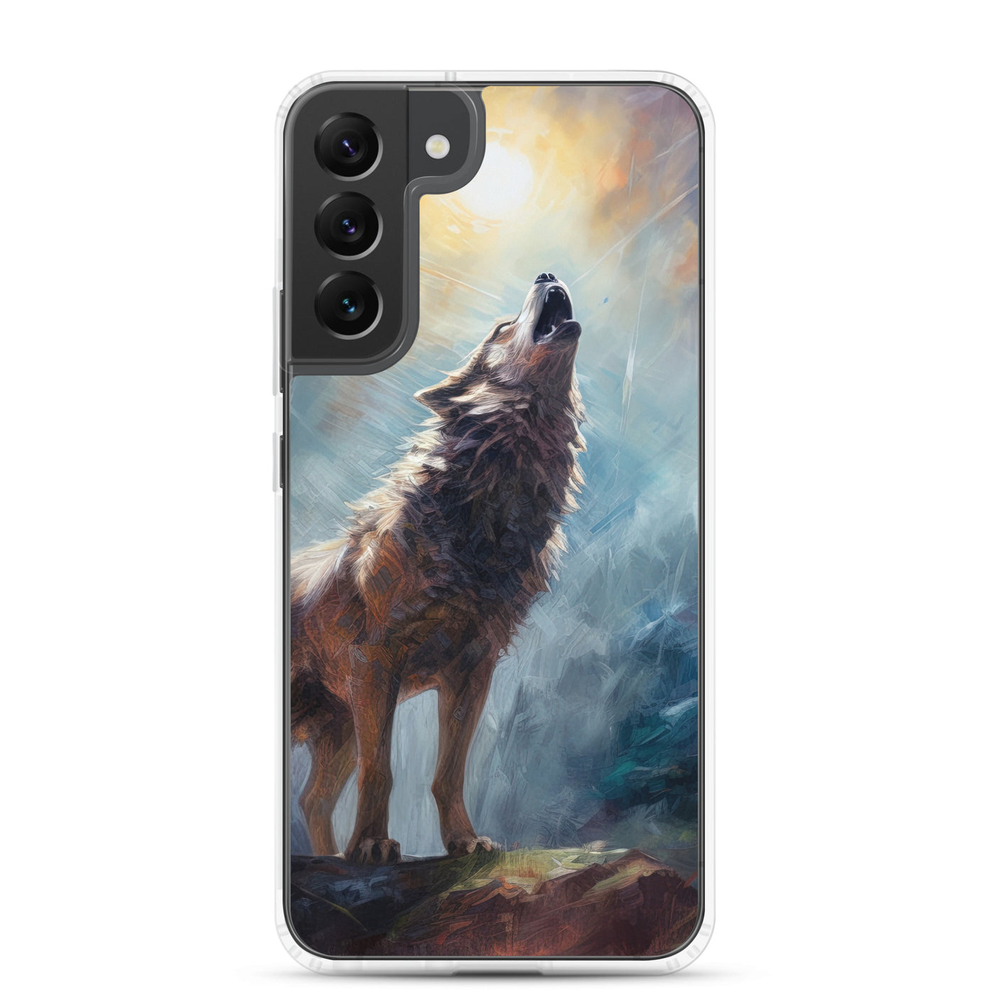 Heulender Wolf auf Berggipfel und Mond im Hintergrund – Abstrakte Malerei - Samsung Schutzhülle (durchsichtig) camping xxx Samsung Galaxy S22 Plus
