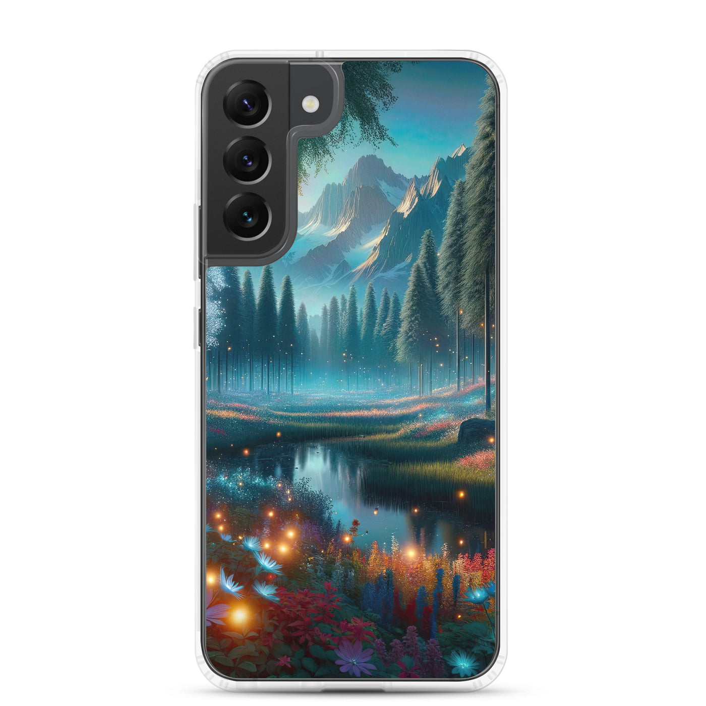 Ätherischer Alpenwald: Digitale Darstellung mit leuchtenden Bäumen und Blumen - Samsung Schutzhülle (durchsichtig) camping xxx yyy zzz Samsung Galaxy S22 Plus