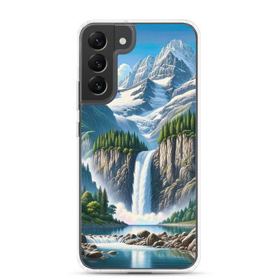 Illustration einer unberührten Alpenkulisse im Hochsommer. Wasserfall und See - Samsung Schutzhülle (durchsichtig) berge xxx yyy zzz Samsung Galaxy S22 Plus