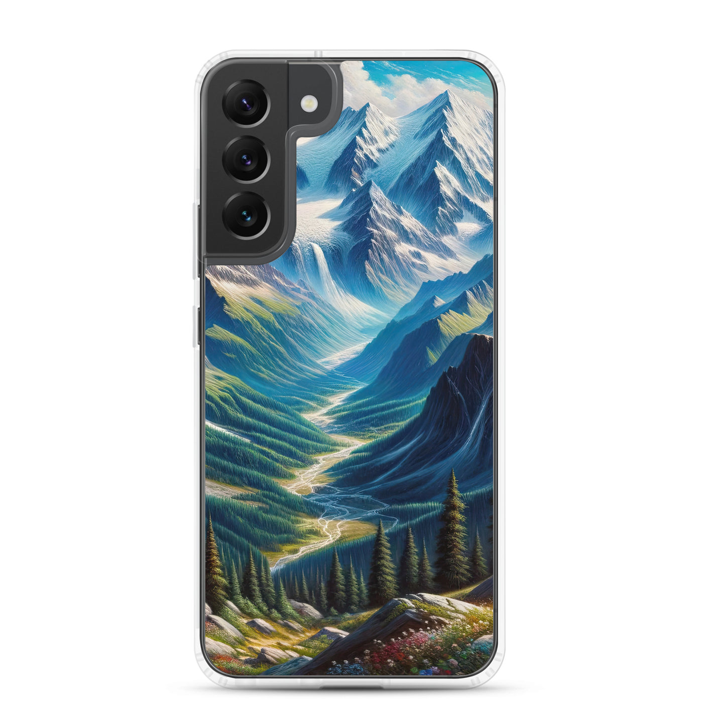 Panorama-Ölgemälde der Alpen mit schneebedeckten Gipfeln und schlängelnden Flusstälern - Samsung Schutzhülle (durchsichtig) berge xxx yyy zzz Samsung Galaxy S22 Plus