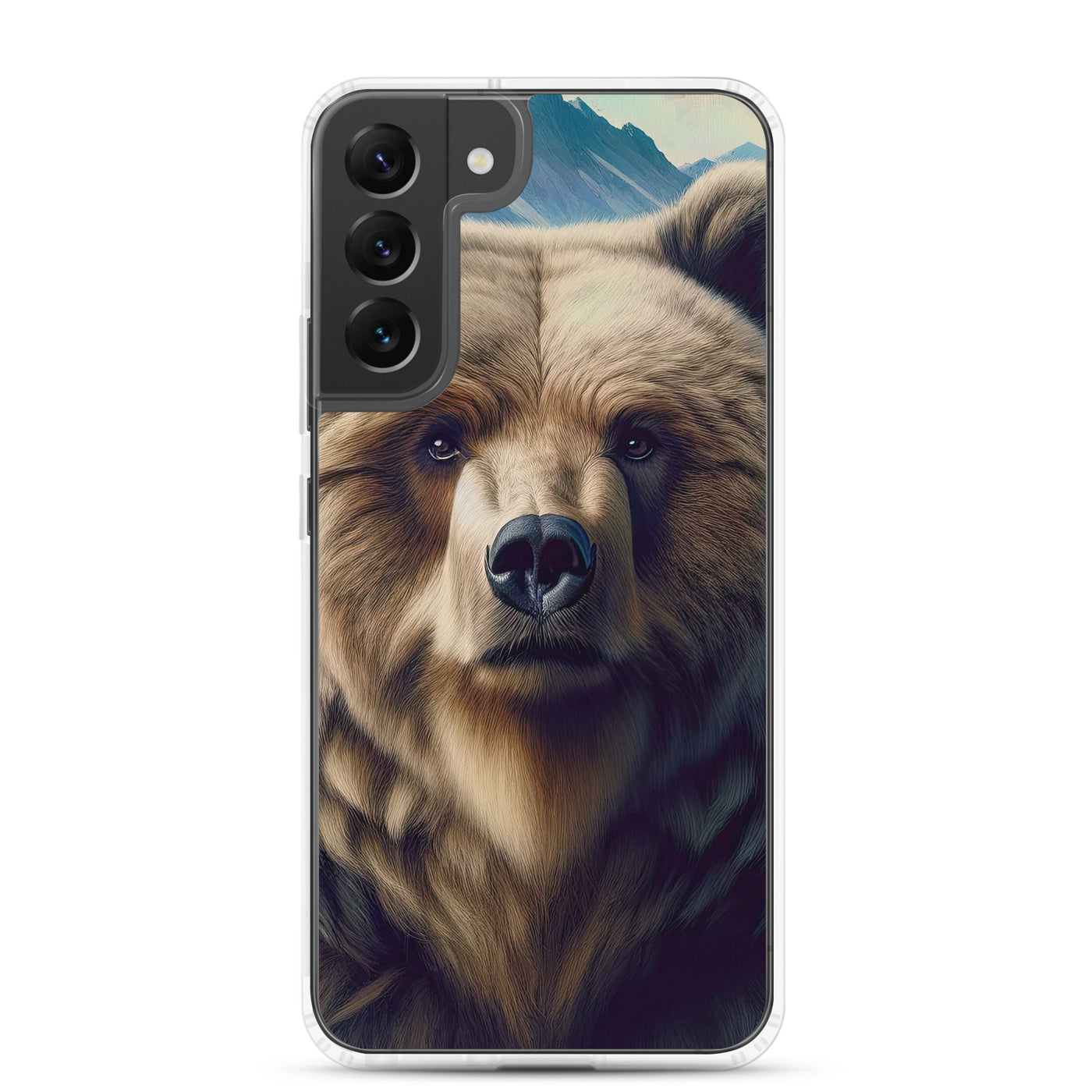 Foto eines Bären vor abstrakt gemalten Alpenbergen, Oberkörper im Fokus - Samsung Schutzhülle (durchsichtig) camping xxx yyy zzz Samsung Galaxy S22 Plus