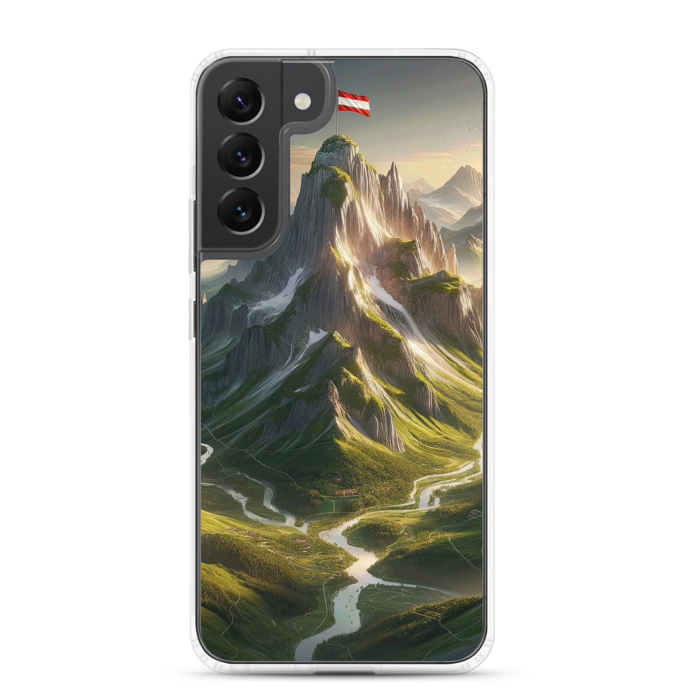 Fotorealistisches Bild der Alpen mit österreichischer Flagge, scharfen Gipfeln und grünen Tälern - Samsung Schutzhülle (durchsichtig) berge xxx yyy zzz Samsung Galaxy S22 Plus