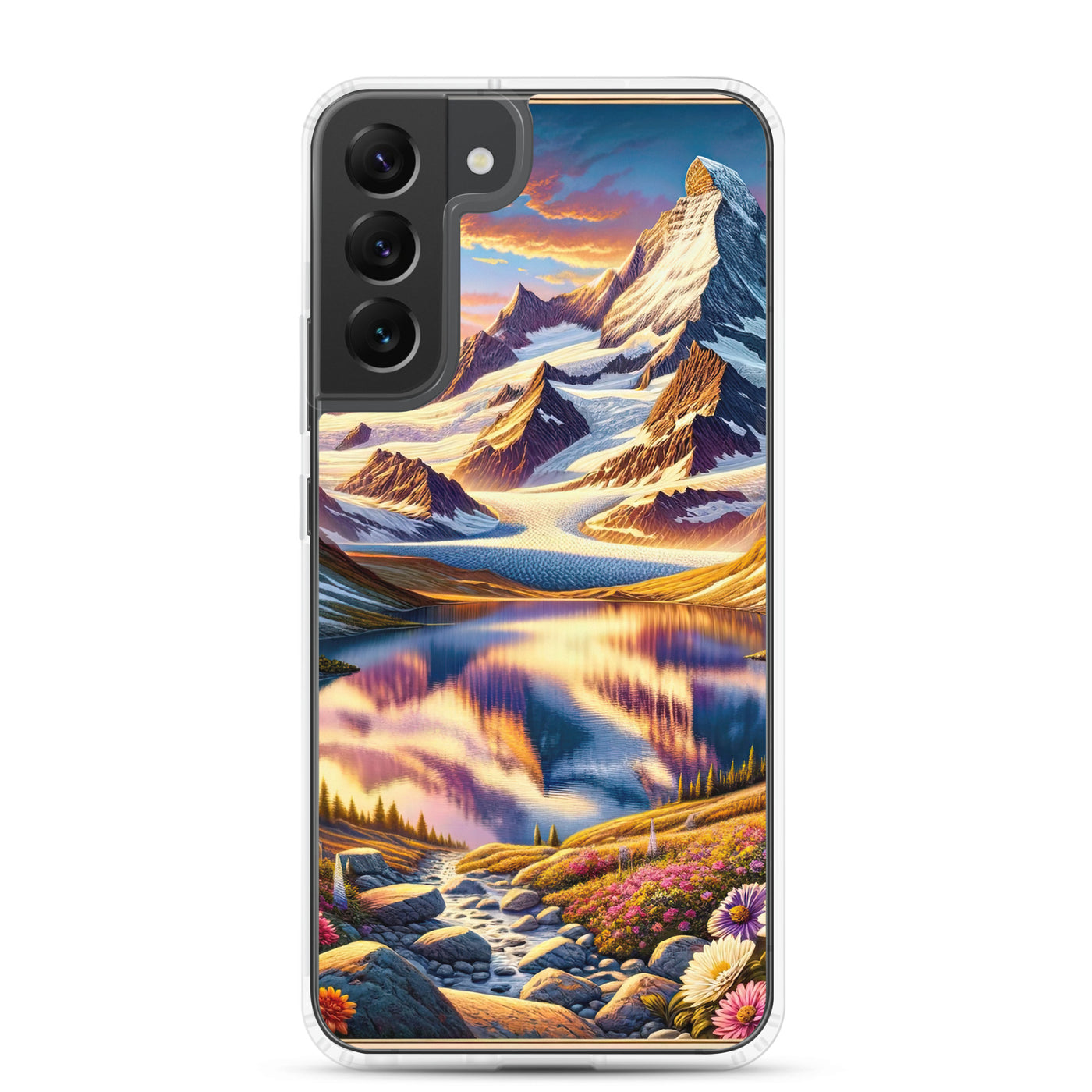 Quadratische Illustration der Alpen mit schneebedeckten Gipfeln und Wildblumen - Samsung Schutzhülle (durchsichtig) berge xxx yyy zzz Samsung Galaxy S22 Plus