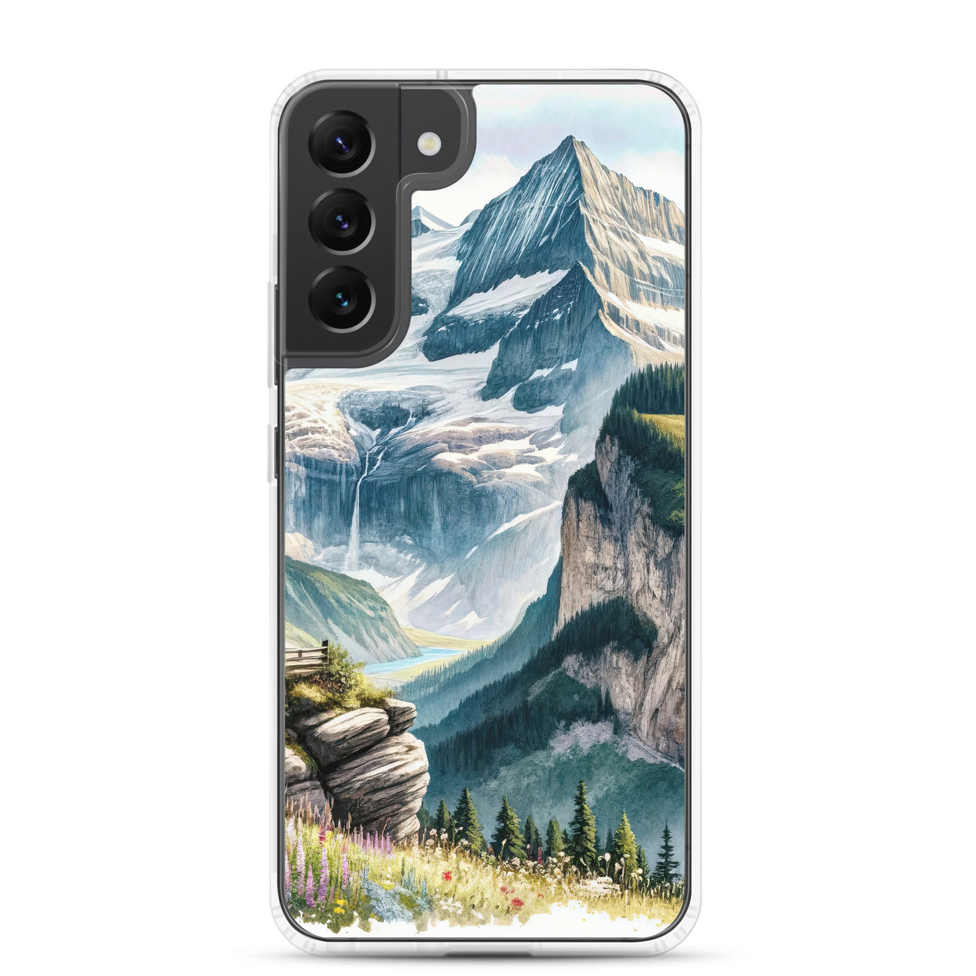Aquarell-Panoramablick der Alpen mit schneebedeckten Gipfeln, Wasserfällen und Wanderern - Samsung Schutzhülle (durchsichtig) wandern xxx yyy zzz Samsung Galaxy S22 Plus