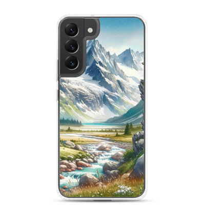 Aquarellmalerei eines Bären und der sommerlichen Alpenschönheit mit schneebedeckten Ketten - Samsung Schutzhülle (durchsichtig) camping xxx yyy zzz Samsung Galaxy S22 Plus