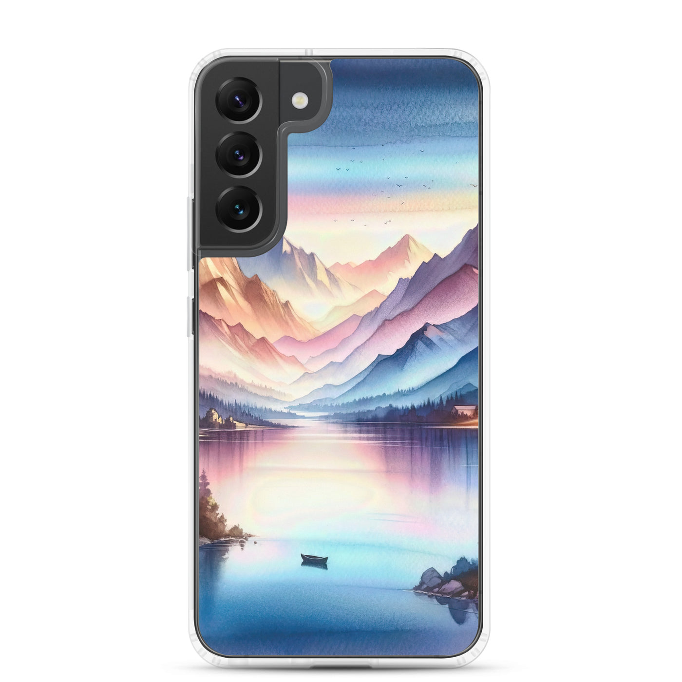 Aquarell einer Dämmerung in den Alpen, Boot auf einem See in Pastell-Licht - Samsung Schutzhülle (durchsichtig) berge xxx yyy zzz Samsung Galaxy S22 Plus