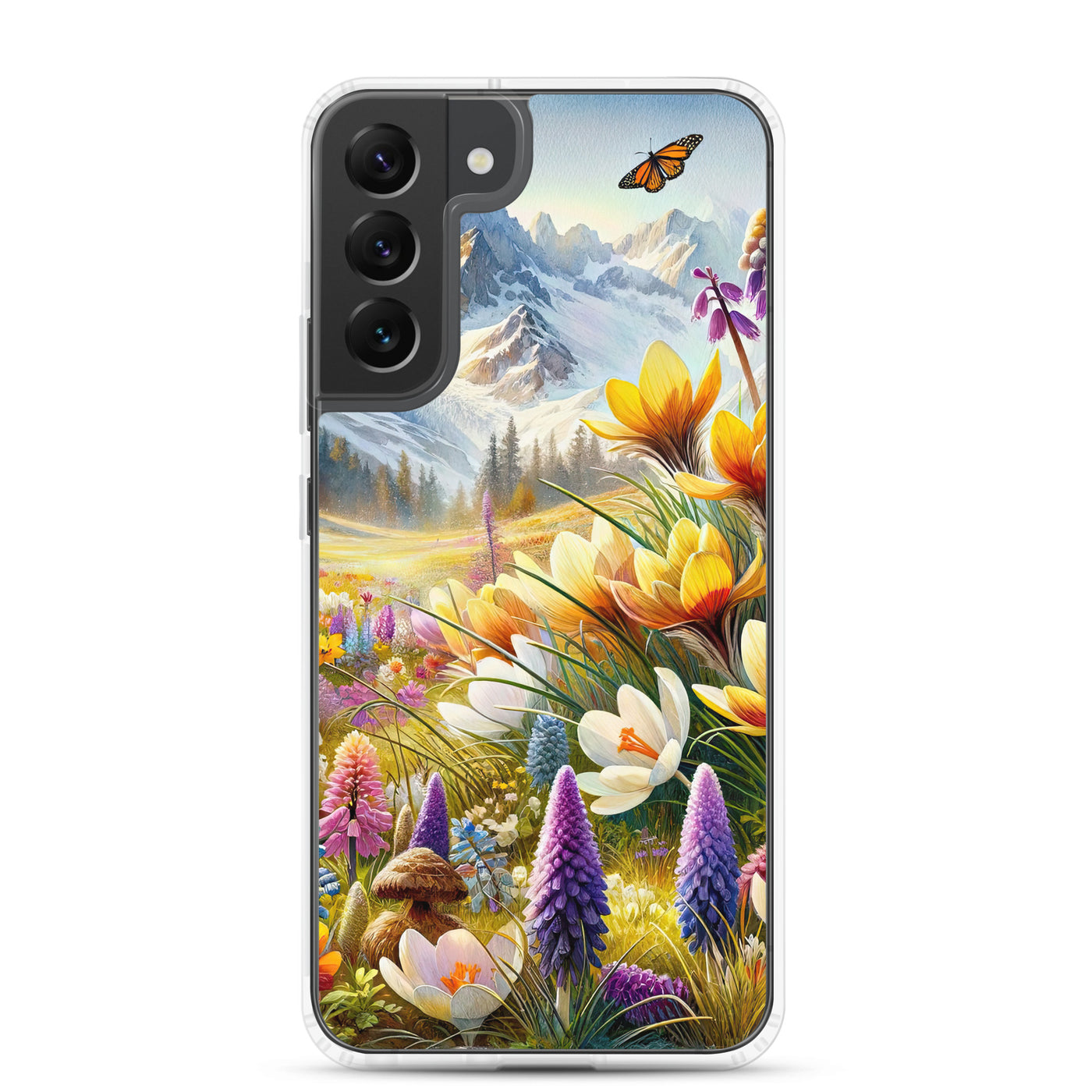 Aquarell einer ruhigen Almwiese, farbenfrohe Bergblumen in den Alpen - Samsung Schutzhülle (durchsichtig) berge xxx yyy zzz Samsung Galaxy S22 Plus