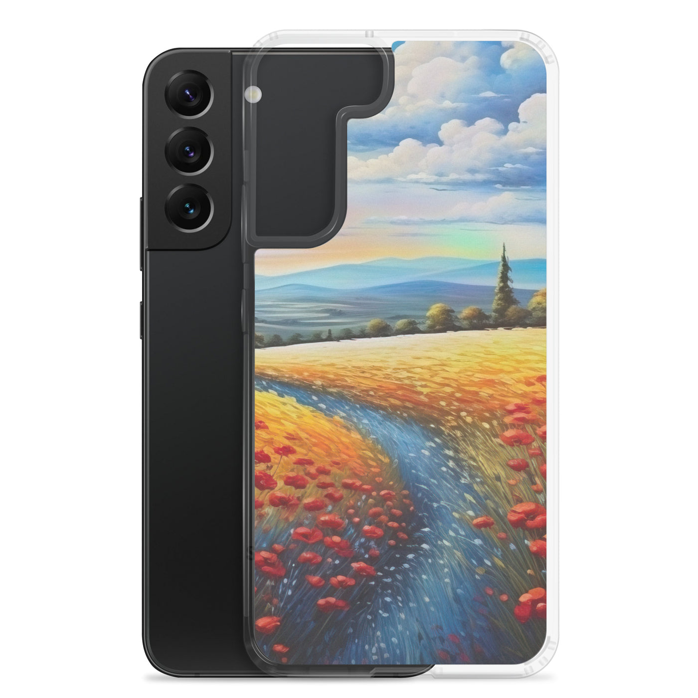 Feld mit roten Blumen und Berglandschaft - Landschaftsmalerei - Samsung Schutzhülle (durchsichtig) berge xxx