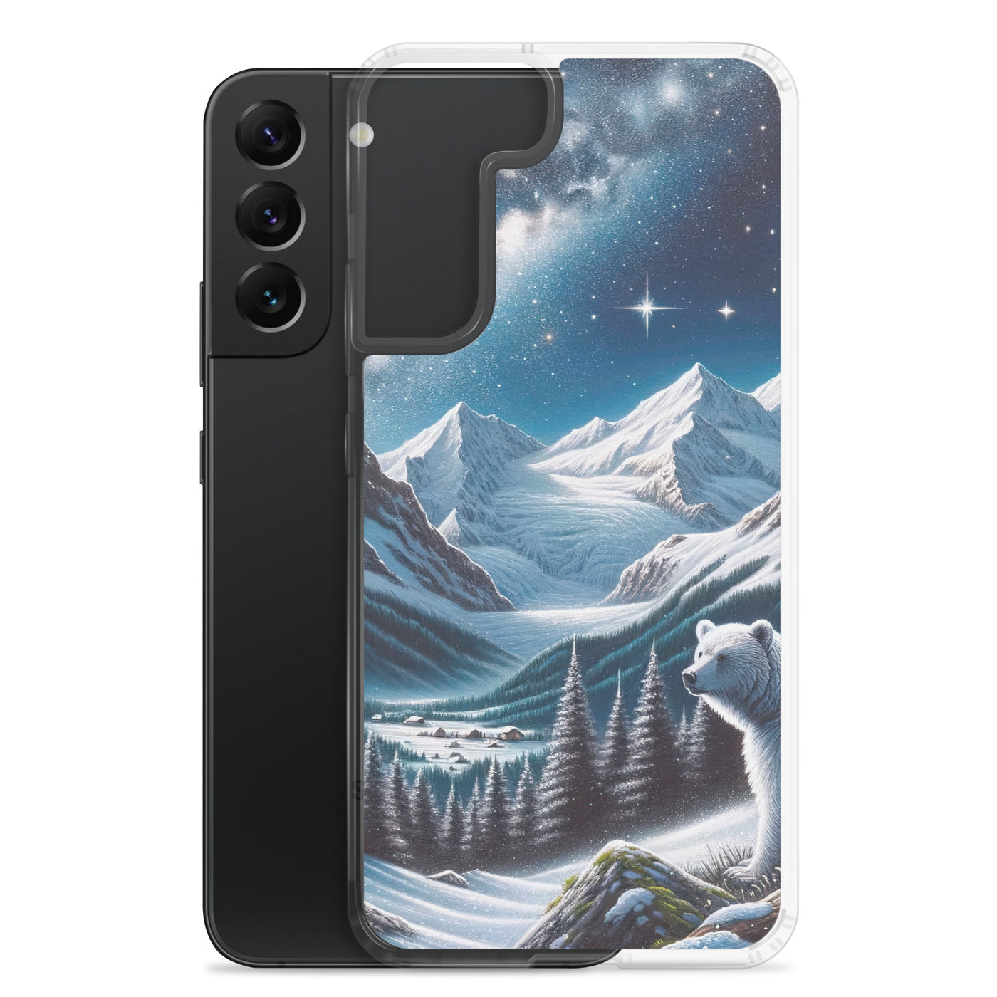 Sternennacht und Eisbär: Acrylgemälde mit Milchstraße, Alpen und schneebedeckte Gipfel - Samsung Schutzhülle (durchsichtig) camping xxx yyy zzz