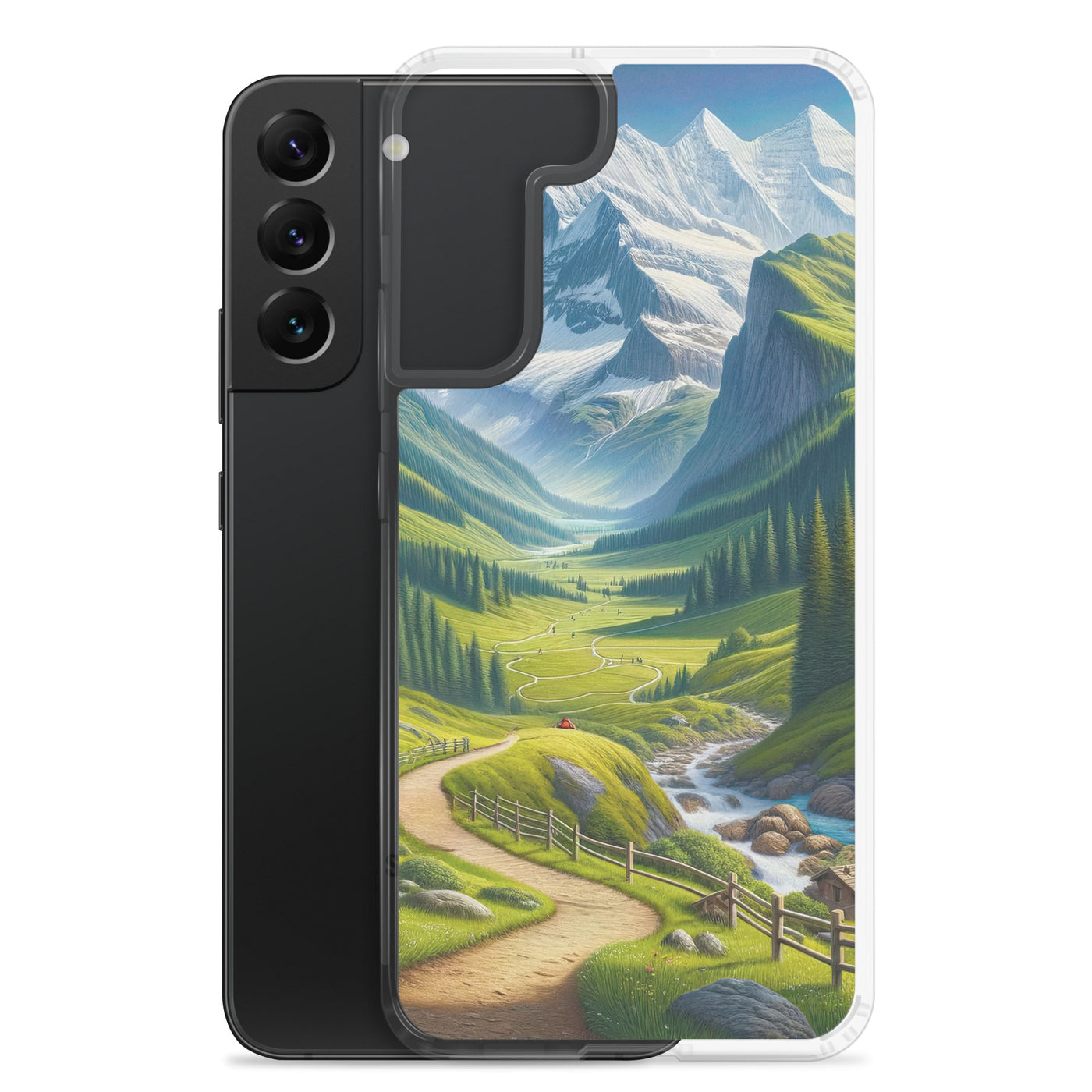 Wanderer in den Bergen und Wald: Digitale Malerei mit grünen kurvenreichen Pfaden - Samsung Schutzhülle (durchsichtig) wandern xxx yyy zzz