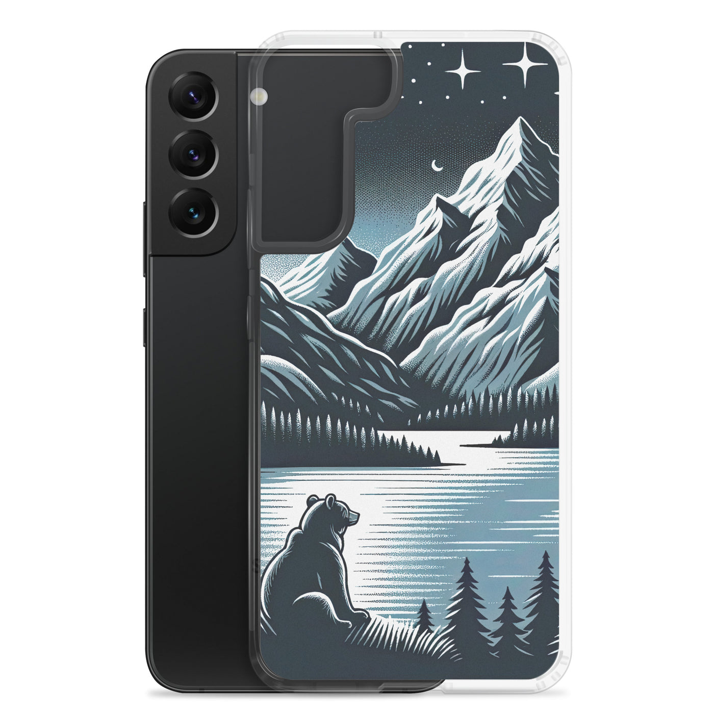 Bär in Alpen-Mondnacht, silberne Berge, schimmernde Seen - Samsung Schutzhülle (durchsichtig) camping xxx yyy zzz