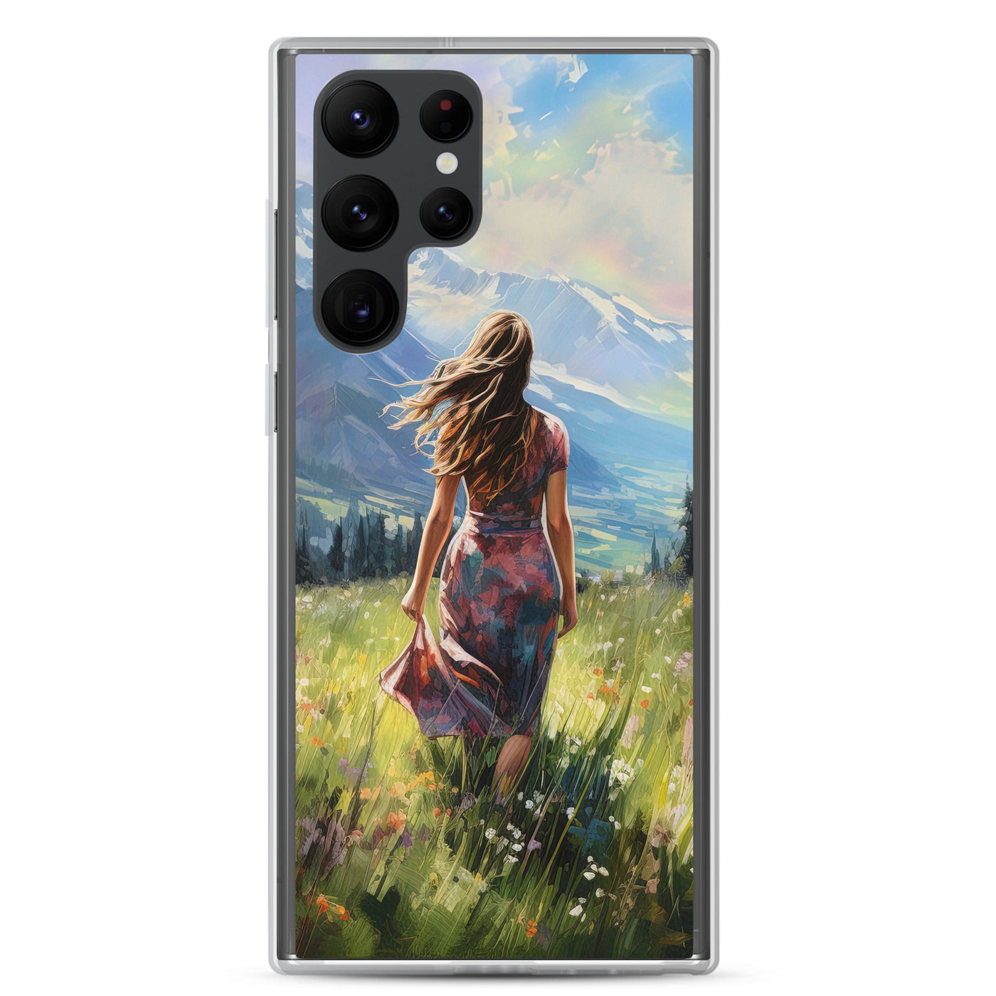 Frau mit langen Kleid im Feld mit Blumen - Berge im Hintergrund - Malerei - Samsung Schutzhülle (durchsichtig) berge xxx Samsung Galaxy S22 Ultra