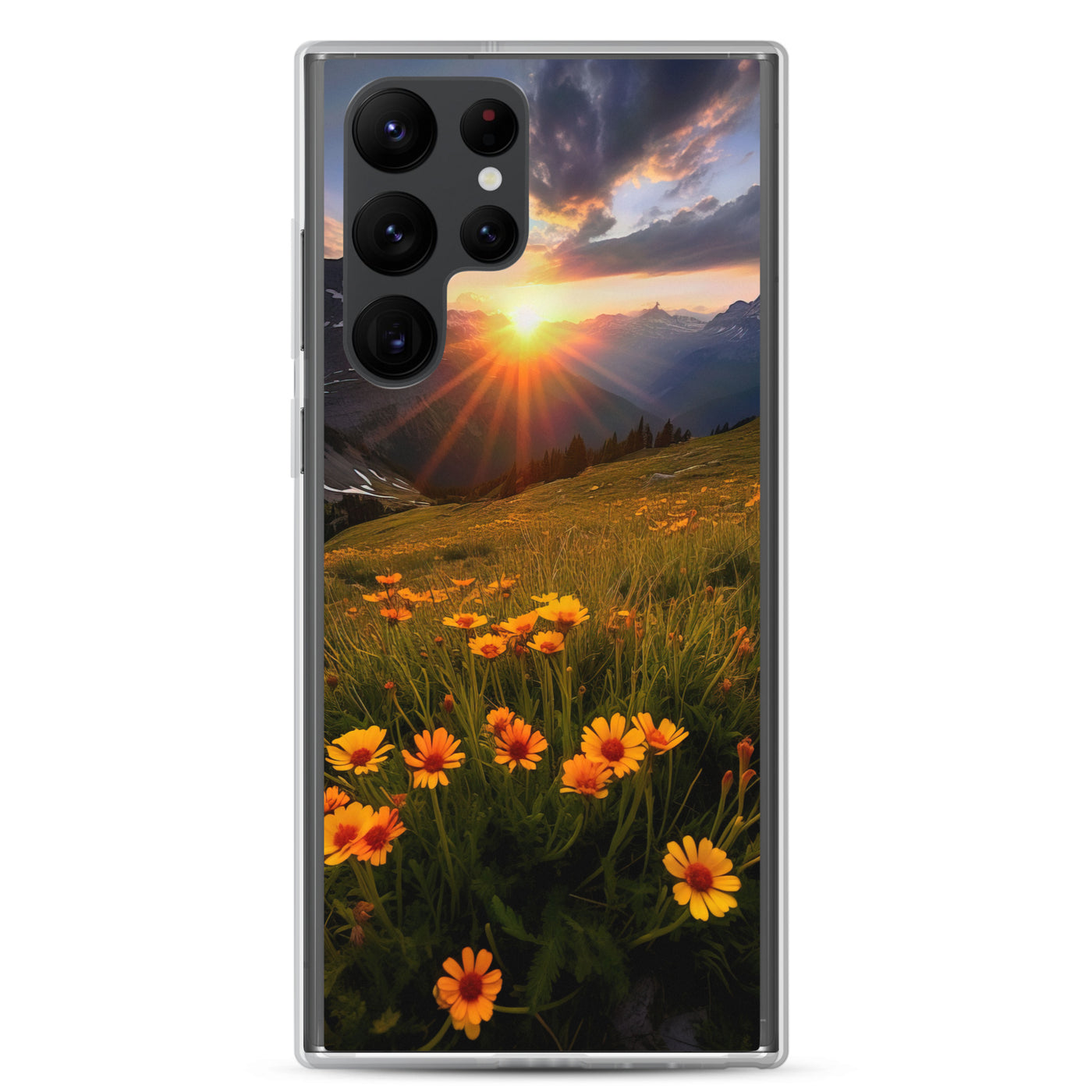 Gebirge, Sonnenblumen und Sonnenaufgang - Samsung Schutzhülle (durchsichtig) berge xxx Samsung Galaxy S22 Ultra