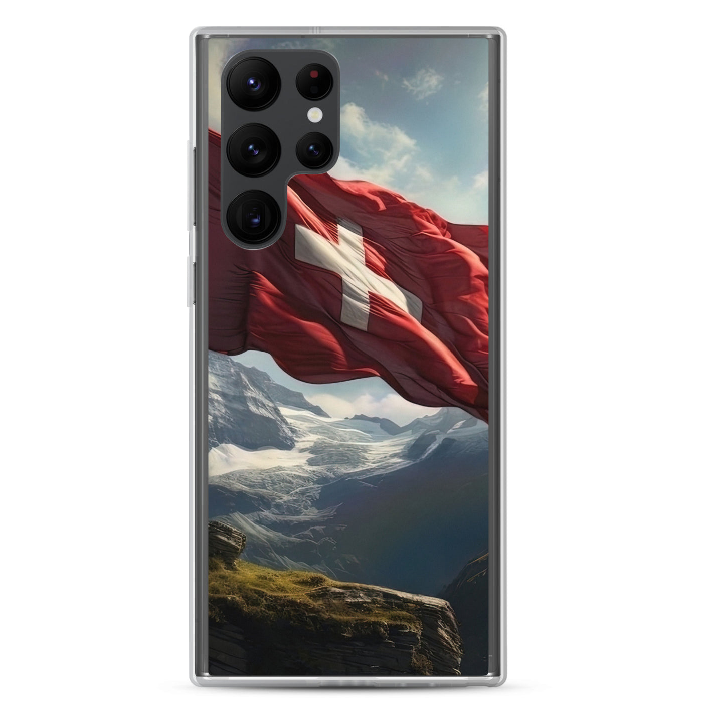 Schweizer Flagge und Berge im Hintergrund - Fotorealistische Malerei - Samsung Schutzhülle (durchsichtig) berge xxx Samsung Galaxy S22 Ultra
