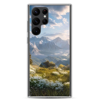 Berglandschaft mit Sonnenschein, Blumen und Bäumen - Malerei - Samsung Schutzhülle (durchsichtig) berge xxx Samsung Galaxy S22 Ultra