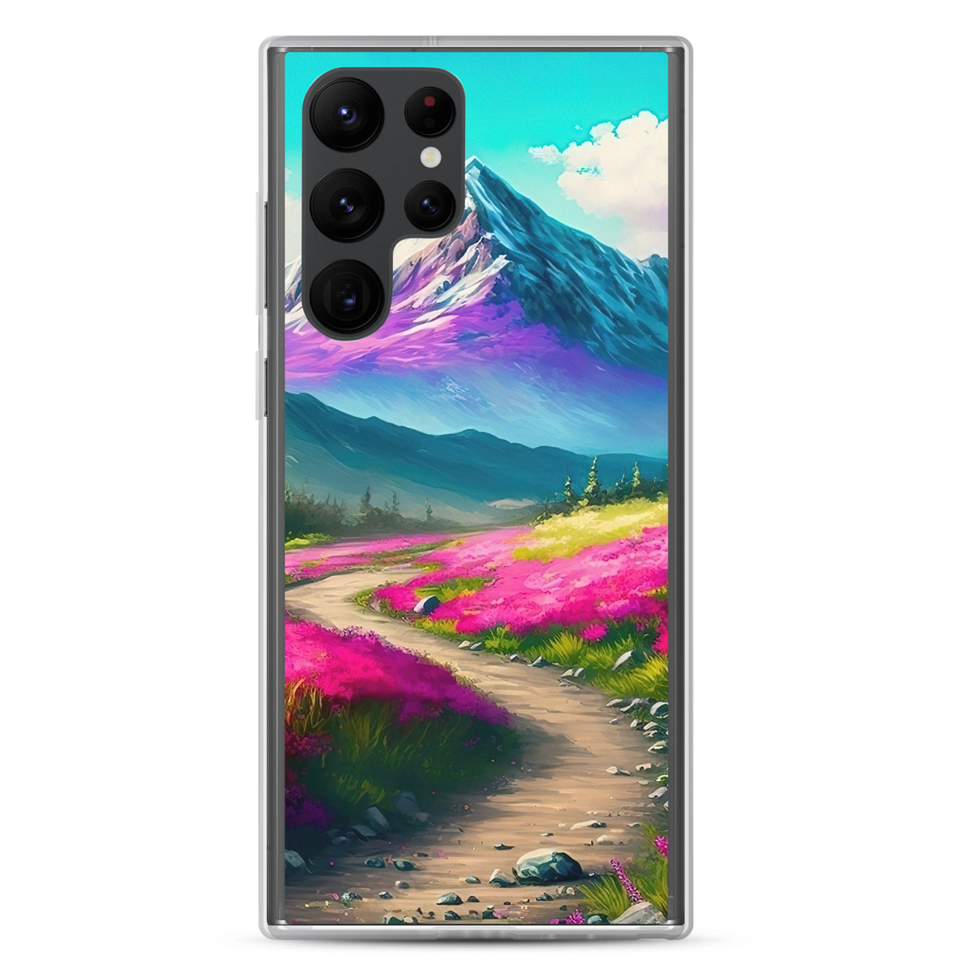 Berg, pinke Blumen und Wanderweg - Landschaftsmalerei - Samsung Schutzhülle (durchsichtig) berge xxx Samsung Galaxy S22 Ultra