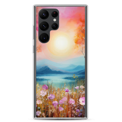 Berge, See, pinke Bäume und Blumen - Malerei - Samsung Schutzhülle (durchsichtig) berge xxx Samsung Galaxy S22 Ultra