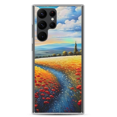 Feld mit roten Blumen und Berglandschaft - Landschaftsmalerei - Samsung Schutzhülle (durchsichtig) berge xxx Samsung Galaxy S22 Ultra