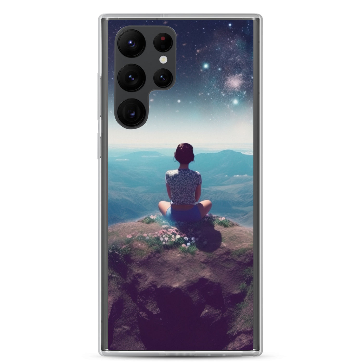 Frau sitzt auf Berg – Cosmos und Sterne im Hintergrund - Landschaftsmalerei - Samsung Schutzhülle (durchsichtig) berge xxx Samsung Galaxy S22 Ultra