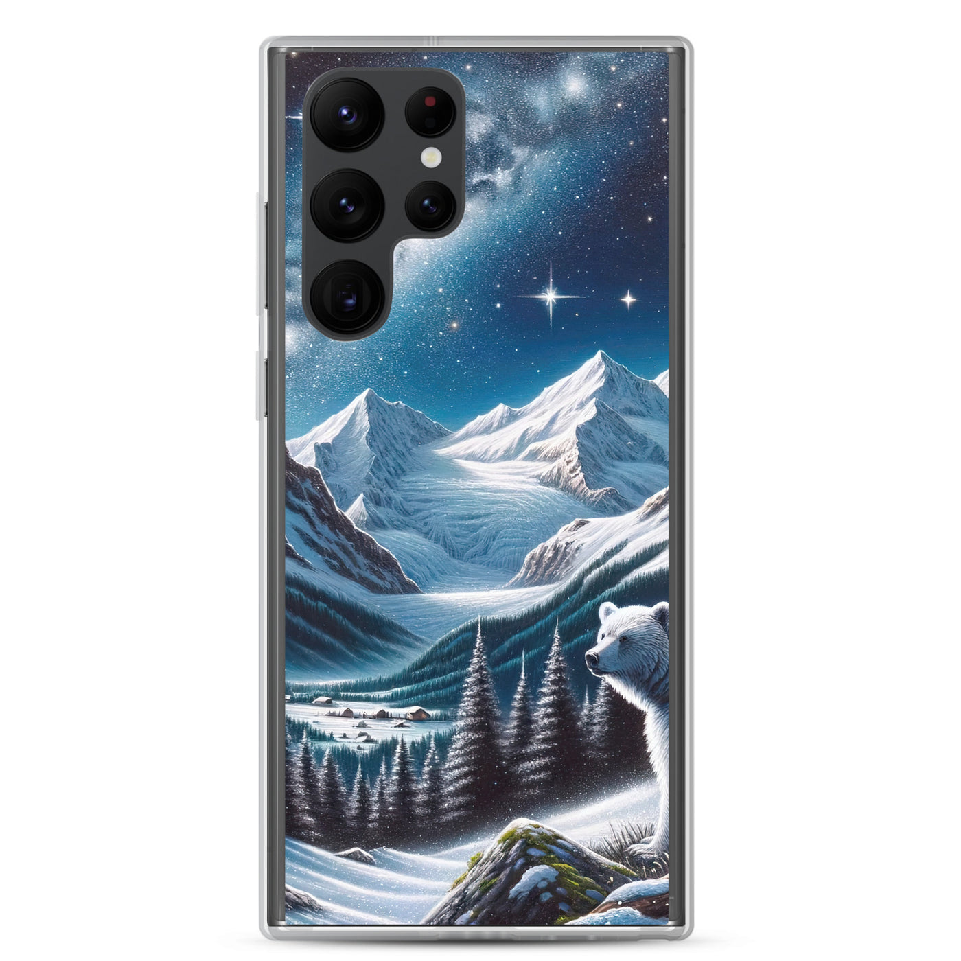 Sternennacht und Eisbär: Acrylgemälde mit Milchstraße, Alpen und schneebedeckte Gipfel - Samsung Schutzhülle (durchsichtig) camping xxx yyy zzz Samsung Galaxy S22 Ultra