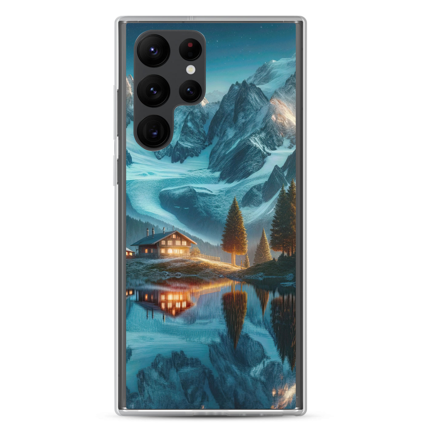 Stille Alpenmajestätik: Digitale Kunst mit Schnee und Bergsee-Spiegelung - Samsung Schutzhülle (durchsichtig) berge xxx yyy zzz Samsung Galaxy S22 Ultra