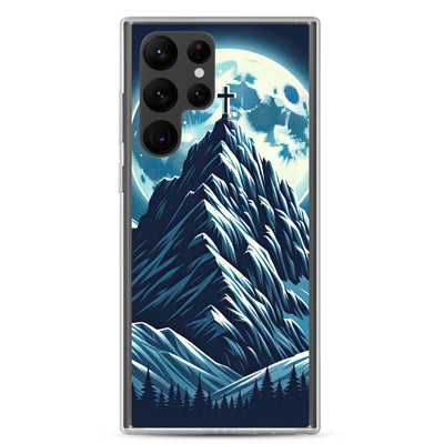 Mondnacht und Gipfelkreuz in den Alpen, glitzernde Schneegipfel - Samsung Schutzhülle (durchsichtig) berge xxx yyy zzz Samsung Galaxy S22 Ultra