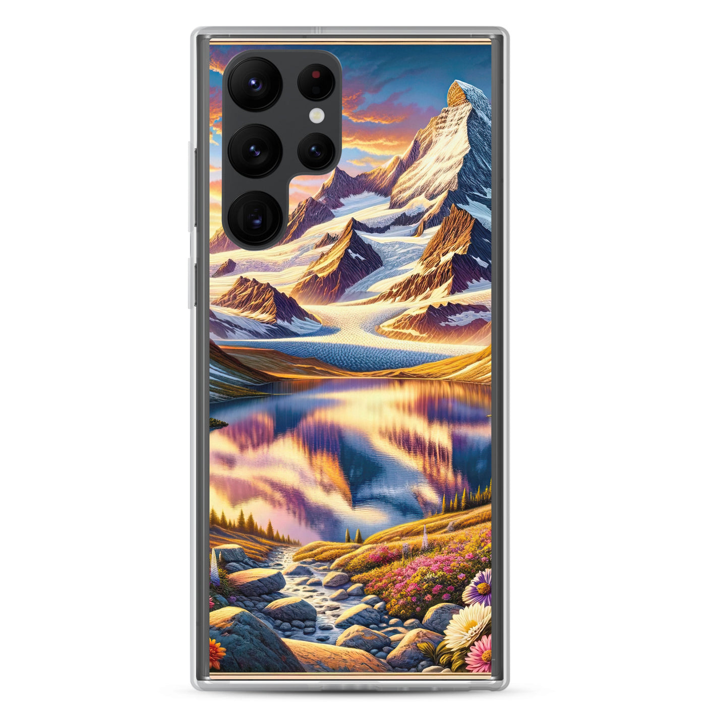 Quadratische Illustration der Alpen mit schneebedeckten Gipfeln und Wildblumen - Samsung Schutzhülle (durchsichtig) berge xxx yyy zzz Samsung Galaxy S22 Ultra
