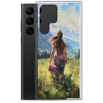 Frau mit langen Kleid im Feld mit Blumen - Berge im Hintergrund - Malerei - Samsung Schutzhülle (durchsichtig) berge xxx