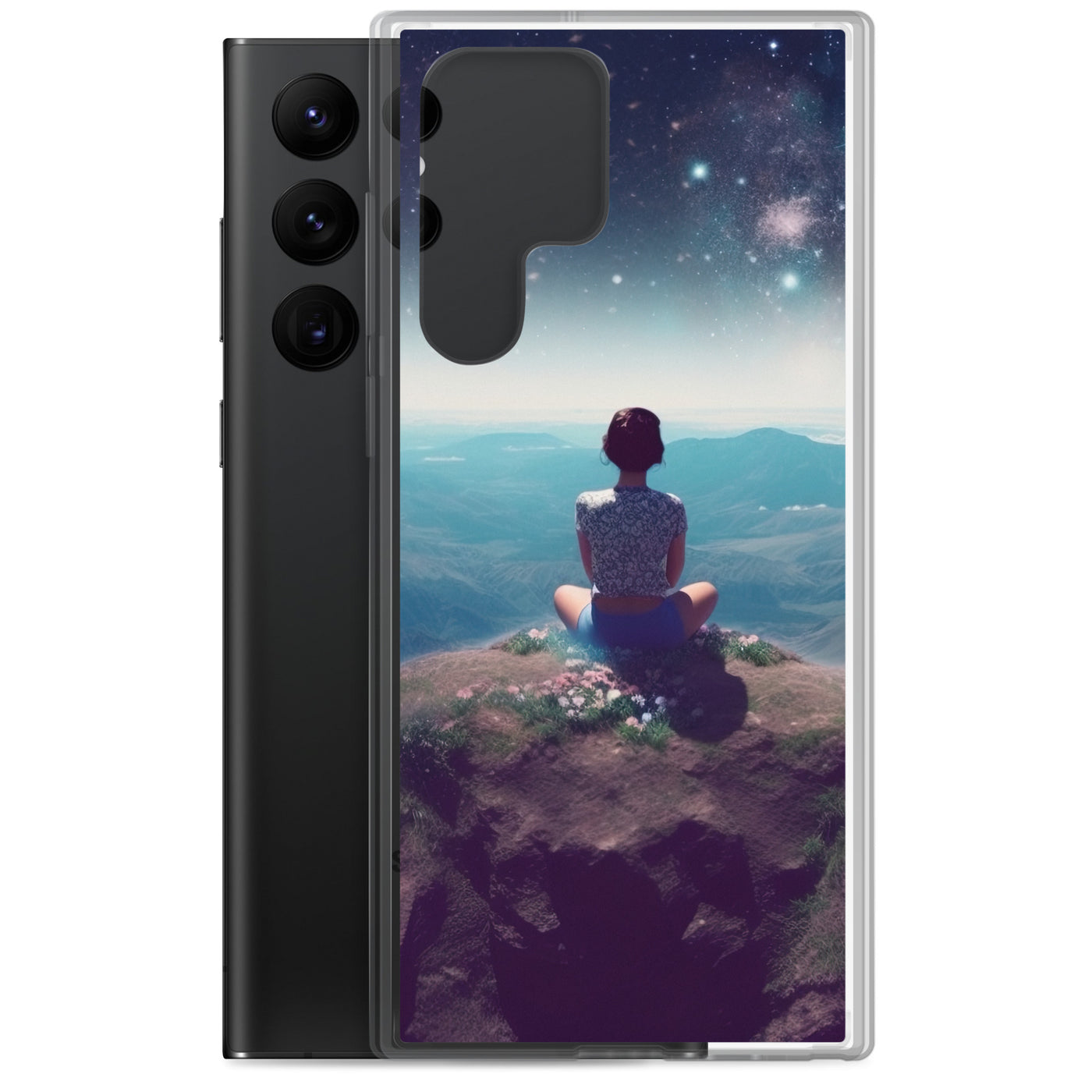 Frau sitzt auf Berg – Cosmos und Sterne im Hintergrund - Landschaftsmalerei - Samsung Schutzhülle (durchsichtig) berge xxx