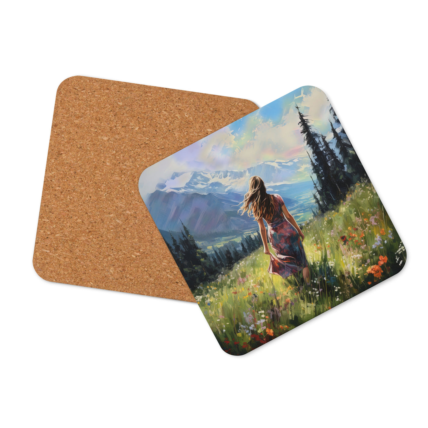 Frau mit langen Kleid im Feld mit Blumen - Berge im Hintergrund - Malerei - Untersetzer berge xxx Default Title