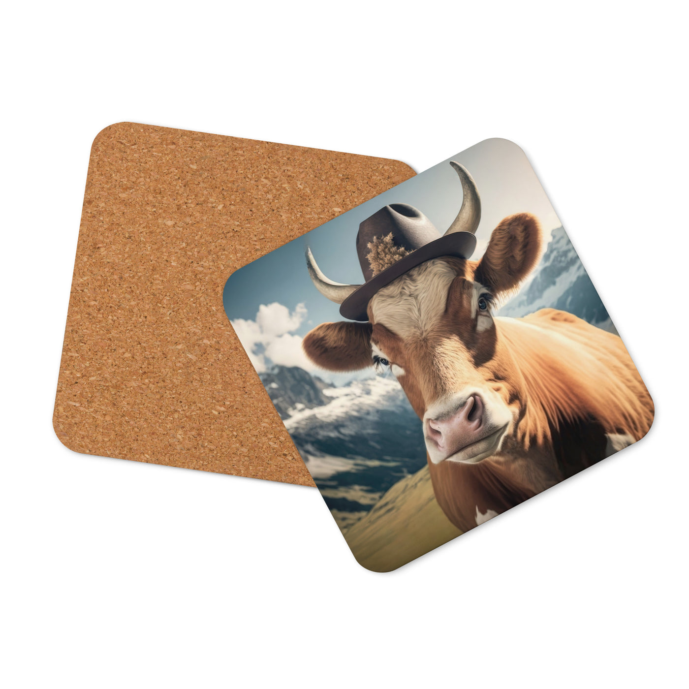Kuh mit Hut in den Alpen - Berge im Hintergrund - Landschaftsmalerei - Untersetzer berge xxx Default Title