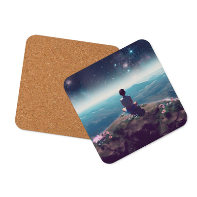 Frau sitzt auf Berg – Cosmos und Sterne im Hintergrund - Landschaftsmalerei - Untersetzer berge xxx Default Title