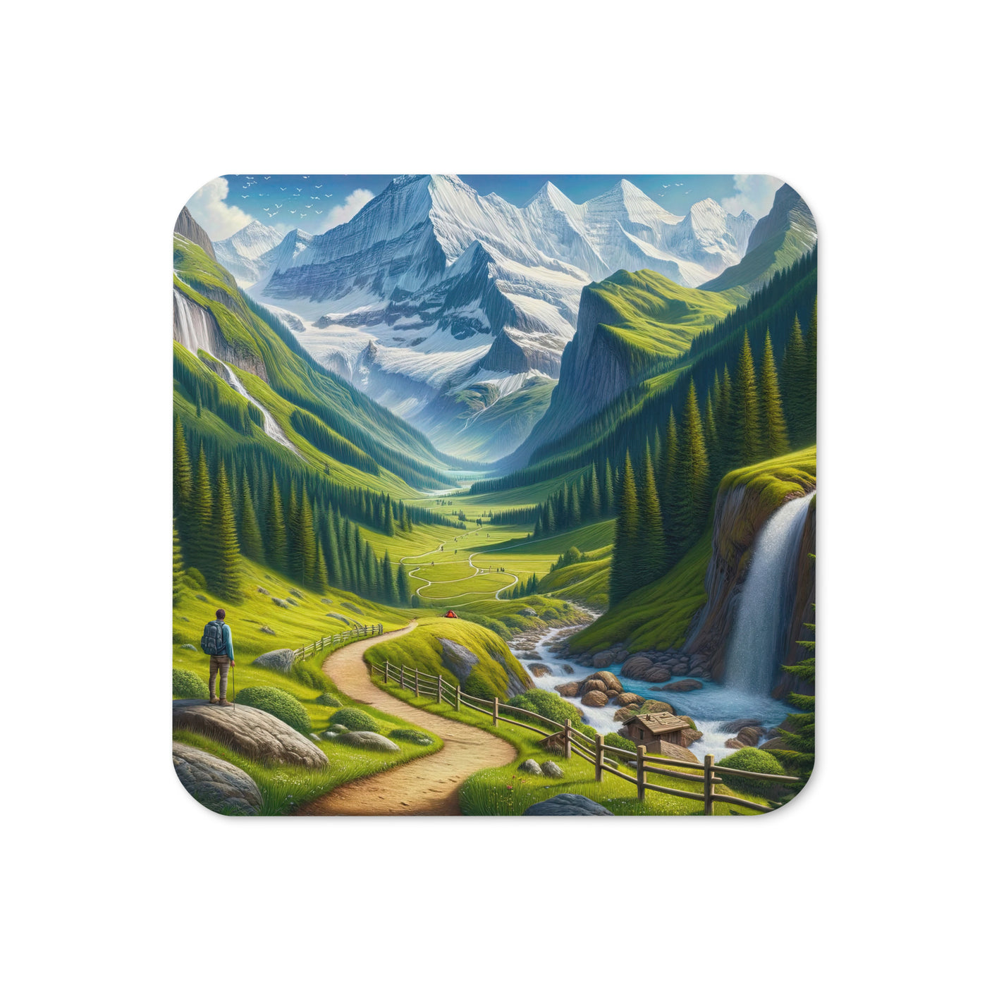 Wanderer in den Bergen und Wald: Digitale Malerei mit grünen kurvenreichen Pfaden - Untersetzer wandern xxx yyy zzz Default Title