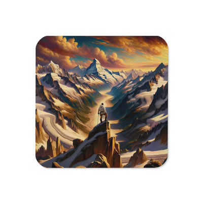 Ölgemälde eines Wanderers auf einem Hügel mit Panoramablick auf schneebedeckte Alpen und goldenen Himmel - Untersetzer wandern xxx yyy zzz Default Title