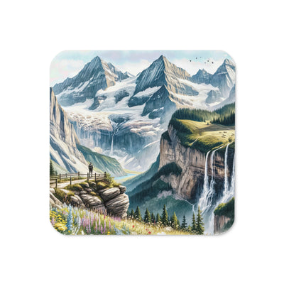 Aquarell-Panoramablick der Alpen mit schneebedeckten Gipfeln, Wasserfällen und Wanderern - Untersetzer wandern xxx yyy zzz Default Title